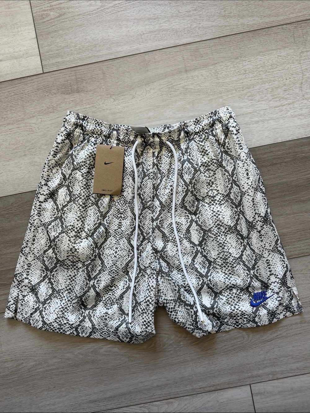 Nike Snake-Print Drawstring Shorts — White, Gray, Blue Logo